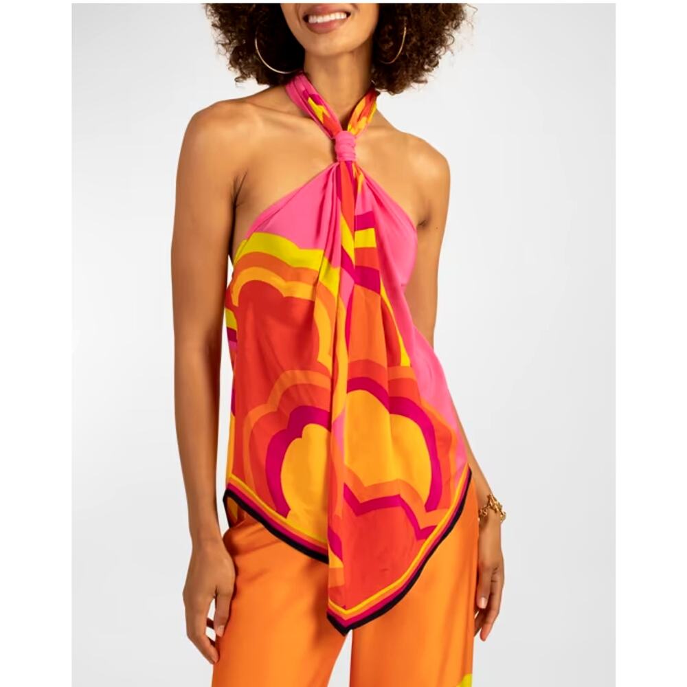 Trina Turk XL 100% Silk Marine 2 Boho Halter Top Cotton Candy Scarf Pink Orange